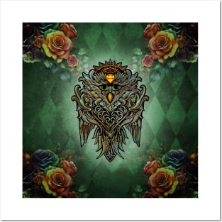 Awesome owl with roses Posters and Art